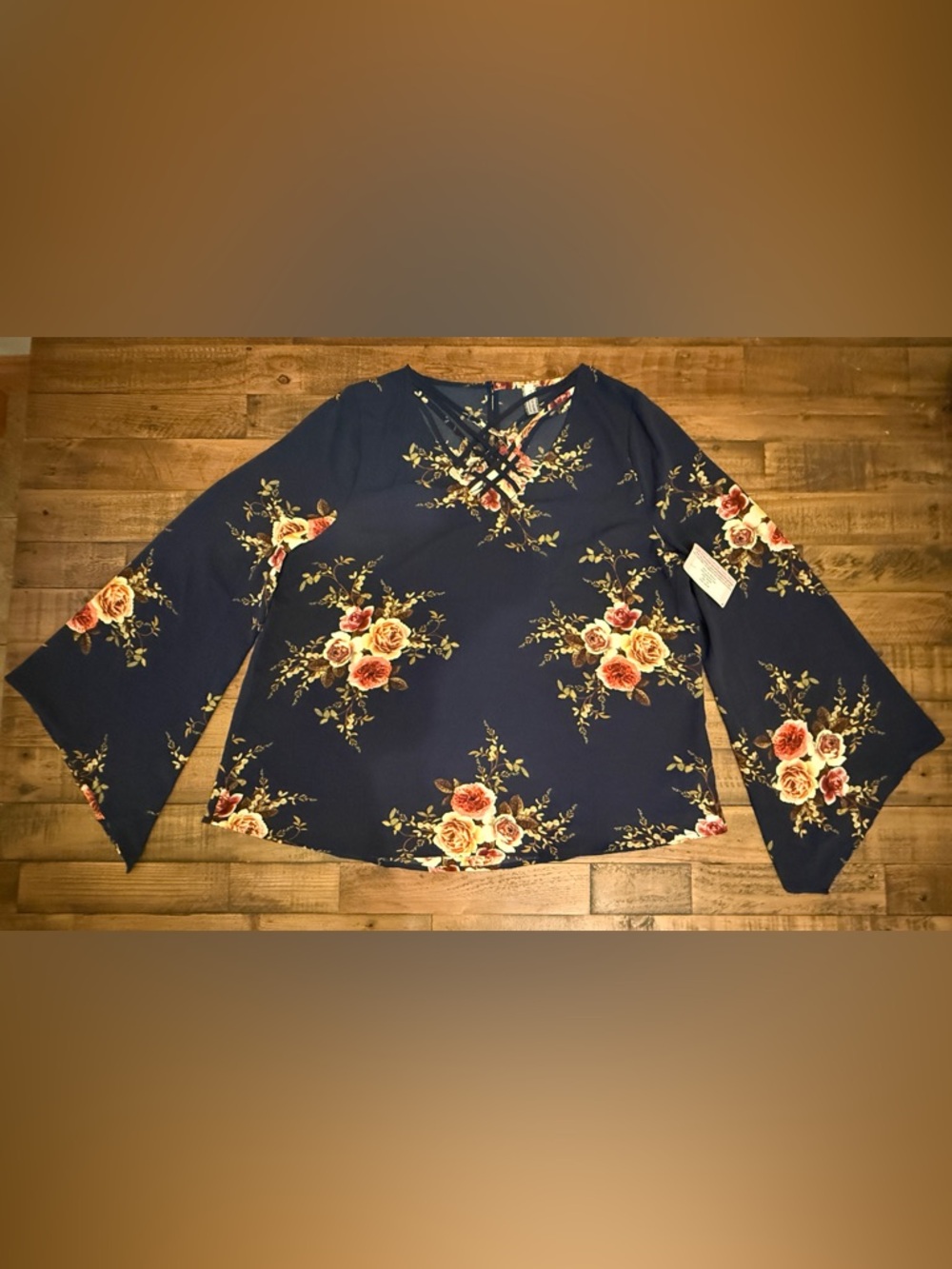 Giddy Up Glamour Floral Crisscross Neck Navy Women's Top Bell Sleeves NWT